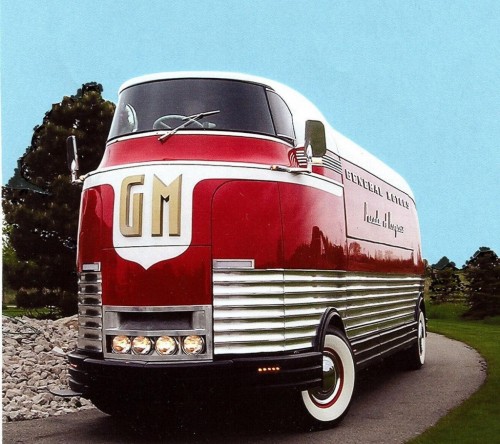 It is some kind of 1950's GM tour bus that looks like a train I love it